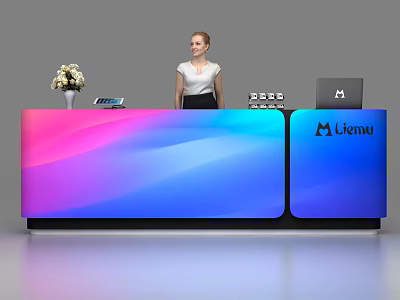 Modern Gradient Pink Blue Reception Desk with Flower Vase Phone Laptop and Menu Brand 3d model