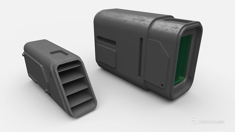 Industrial Equipment Black Enclosure Components With Ventilation Slots And Green Viewing Window 3d model 