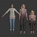 Three Women In Casual Outfits With Different Poses Standing And Sitting