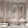 Double White Washbasins In Modern Bathroom Interior With Pink Speckled Countertop And Mirror Design