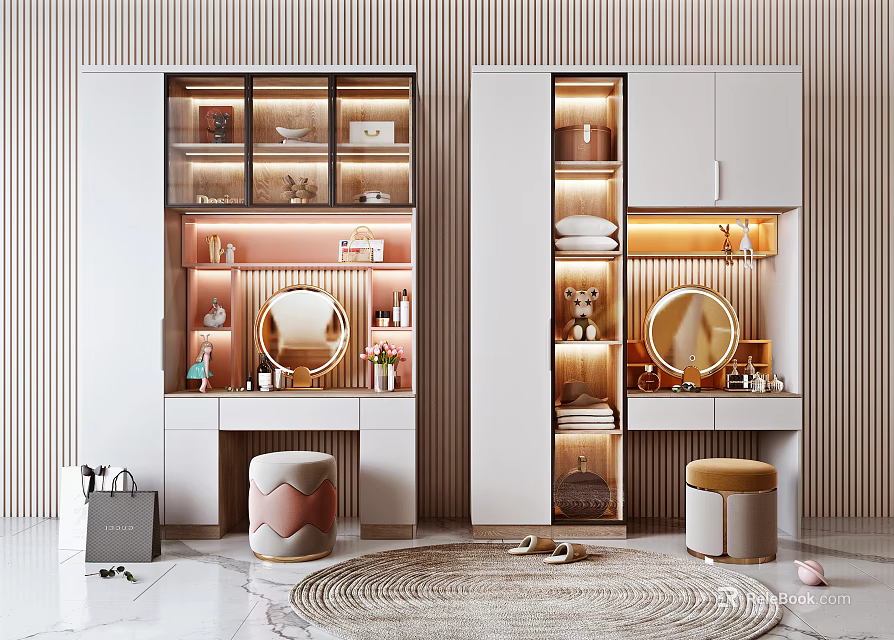 Modern White Dressing Table With Glass Cabinets Mirrors And Lighting Strips 3d model 