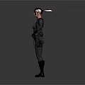 Female Character In Black Tight Combat Suit Standing With Arms Outstretched And Waist Weapon Gear