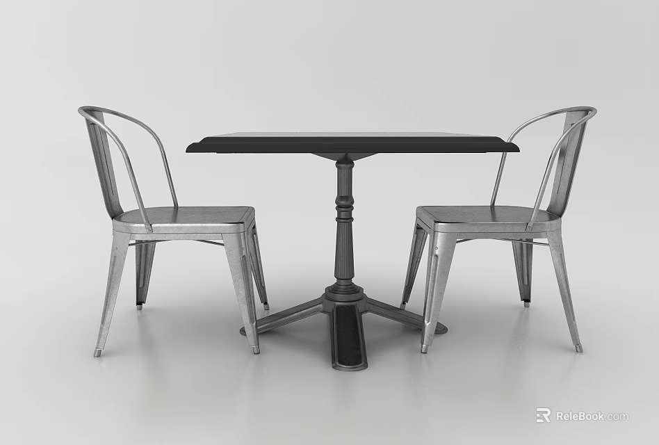 Modern Dining Table Set With Black Tabletop And Silver Metal Chairs 3d model 