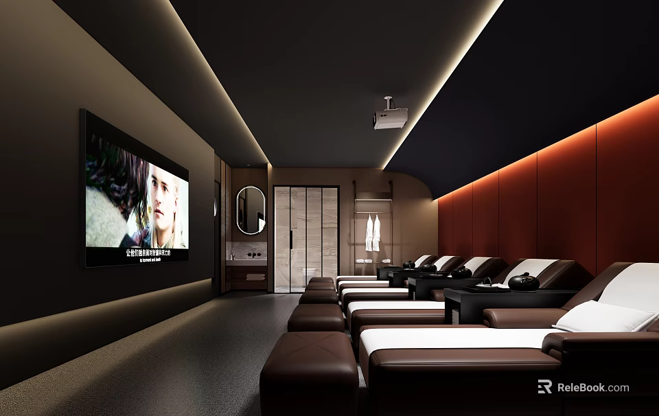 Modern SPA Sauna Interior Design With Brown Reclining Chairs Large TV And Ambient Lighting 3d model 