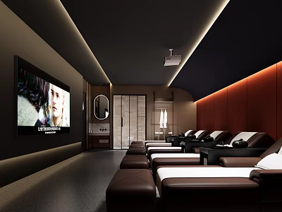 Modern SPA Sauna Interior Design With Brown Reclining Chairs Large TV And Ambient Lighting 3d model
