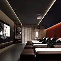 Modern SPA Sauna Interior Design With Brown Reclining Chairs Large TV And Ambient Lighting