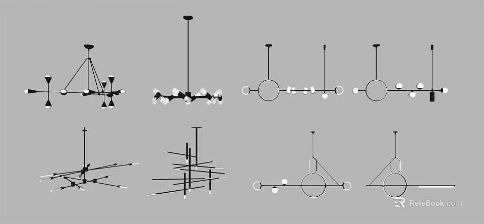 Various Modern Chandelier Designs With Different Hanging Structures And Bulbs 3d model