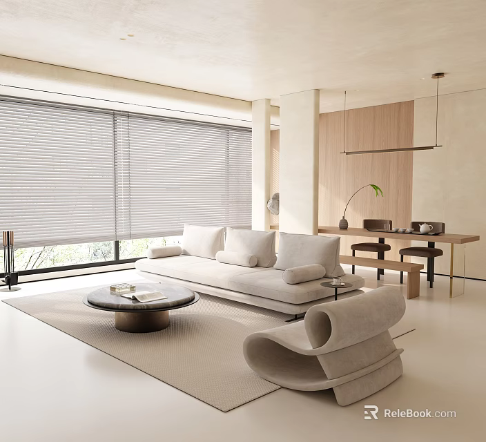 Modern Living And Dining Room Interior With Large Window Blinds Light Sofa Round Coffee Table 3d model 