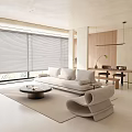 Modern Living And Dining Room Interior With Large Window Blinds Light Sofa Round Coffee Table
