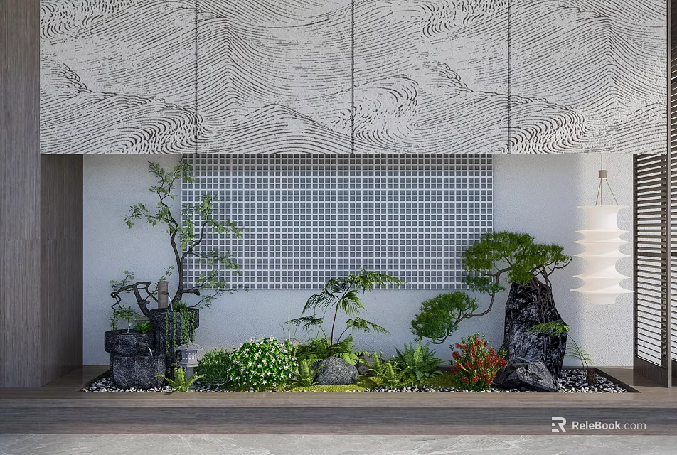 Indoor Landscape With Wavy Textured Wall Grid Patterned Backdrop Green Plants And Stones 3d model 