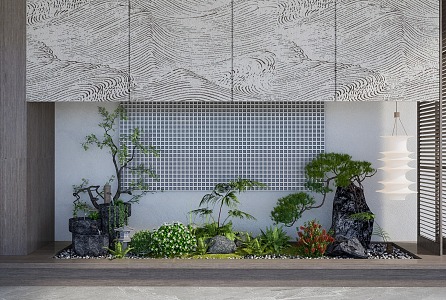 Japanese style landscape sketch courtyard sketch interior landscape fern plant stone modeling tree stone mill flowing water porch landscape 3d model