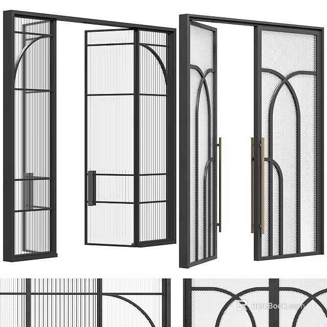 Modern Double Doors With Black Metal Frame Grid Design And Brass Handles 3d model 