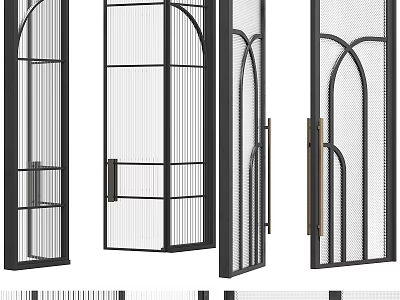 Modern Double Doors With Black Metal Frame Grid Design And Brass Handles 3d model