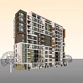 Modern Multistory Residential Building Exterior With Balconies Trees Pedestrians And Entrance Area