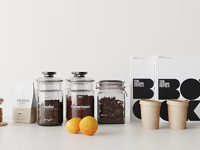 Minimalist Decorative Ornament Set With Glass Jars Oranges Cups And Boxes 3d model