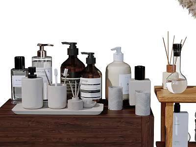 Minimalist Bathroom Countertop Accessories With Soap Dispensers Toothbrush Holders Reed Diffusers And Storage Jars 3d model