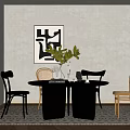 Modern Black Round Dining Table Set with Stylish Chairs Green Plant and Geometric Rug