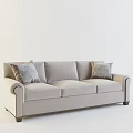 Elegant Beige Three Seater Sofa with Curved Arms and Patterned Decorative Pillows