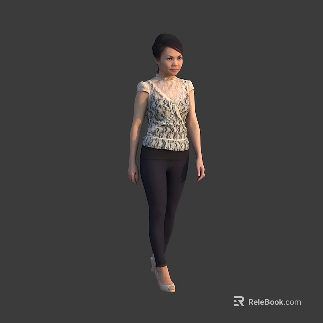 Fashionable Woman In Lace Short Sleeved Top And Slim Fit Pants Standing 3d model 