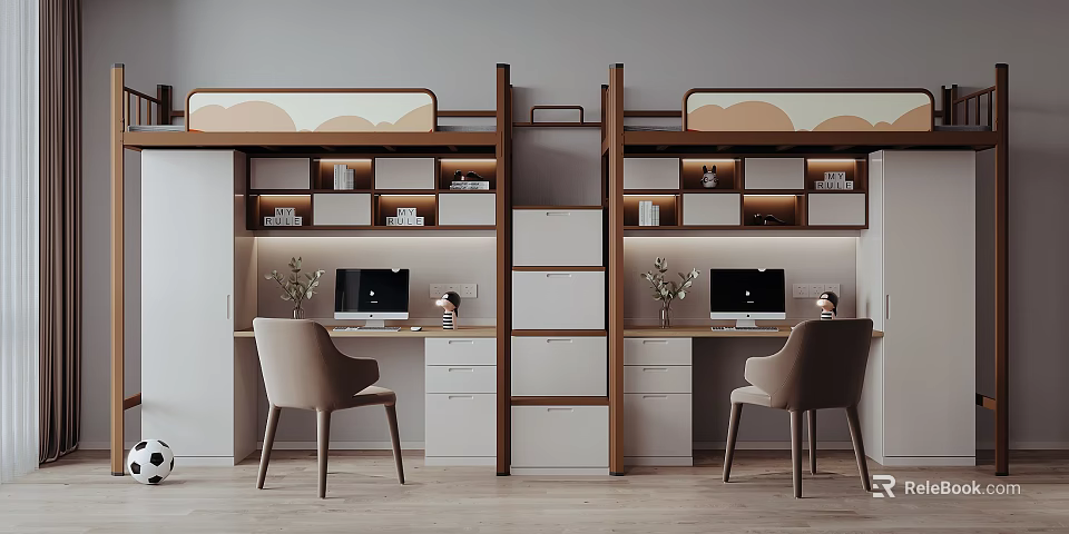 Modern Bunk Bed Design With Cloud Shaped Decor Desks Computers Storage Cabinets And Chairs 3d model