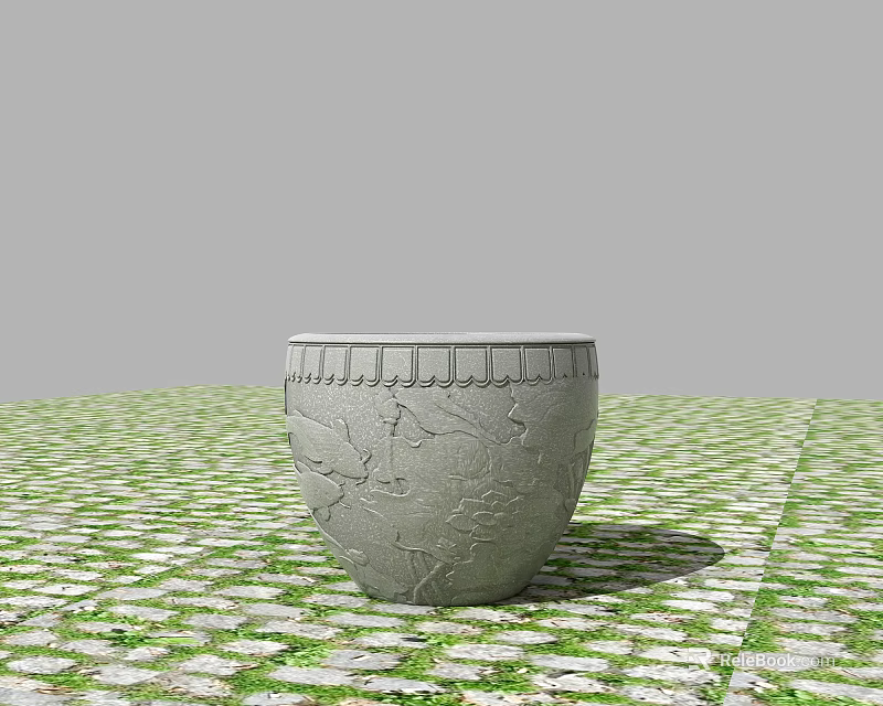 Gray Ceramic Fish Tank With Carved Patterns On Checkerboard Green White Floor 3d model 