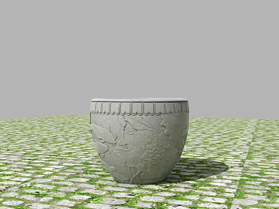 Gray Ceramic Fish Tank With Carved Patterns On Checkerboard Green White Floor 3d model