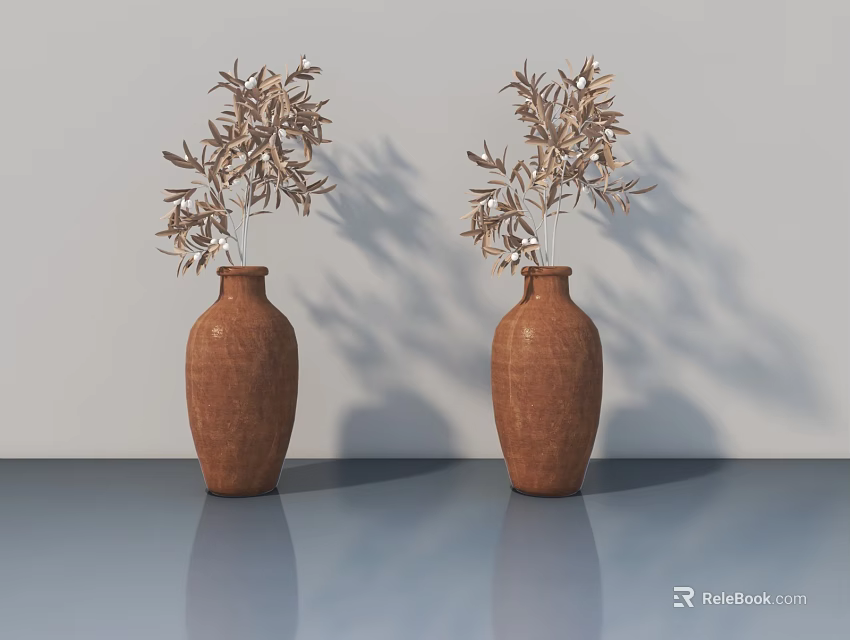 Two Brown Ceramic Vases With Dried Branches On Blue Tabletop White Wall 3d model