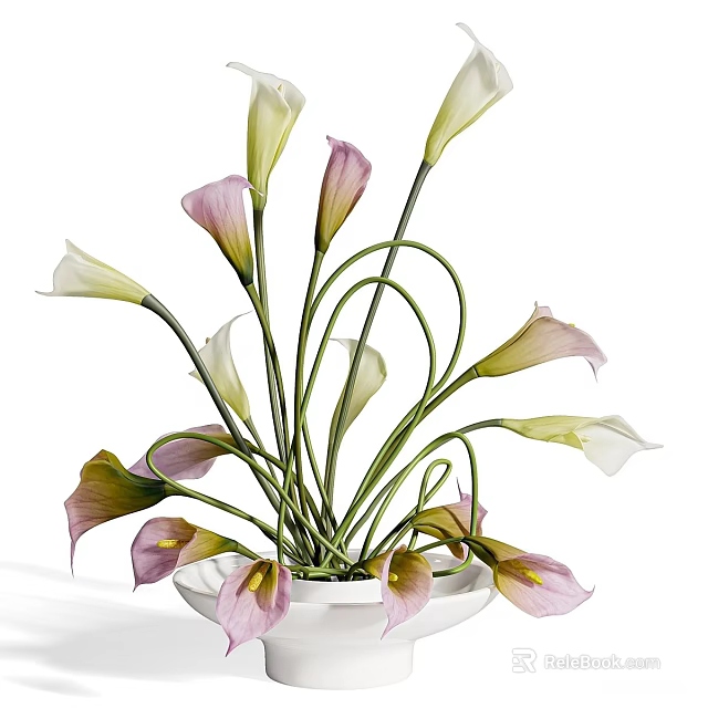 Elegant Calla Lily Arrangement with Pink White Blooms in White Ceramic Bowl Vase 3d model 