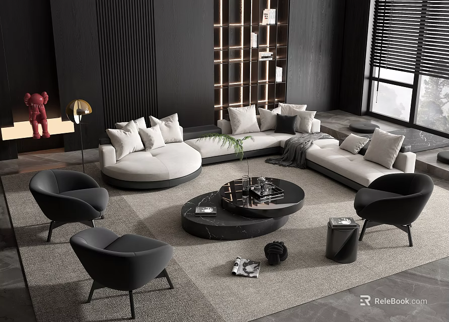 Modern Living Room Sofa Coffee Table Set With White Sofa Black Table Armchairs And Plants 3d model 
