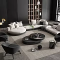 Modern Living Room Sofa Coffee Table Set With White Sofa Black Table Armchairs And Plants