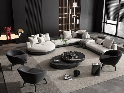 Modern Living Room Sofa Coffee Table Set With White Sofa Black Table Armchairs And Plants 3d model