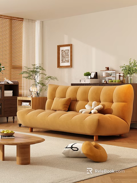 Modern Yellow Sofa and Coffee Table Set with Comfortable Cushions Wooden Top and Green Plants 3d model 