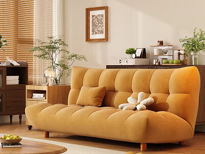 Modern Yellow Sofa and Coffee Table Set with Comfortable Cushions Wooden Top and Green Plants 3d model