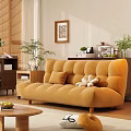 Modern Yellow Sofa and Coffee Table Set with Comfortable Cushions Wooden Top and Green Plants