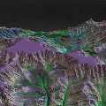 3D Terrain Model Showing Purple Mountain Peaks Valleys Rivers And Green Vegetation Areas