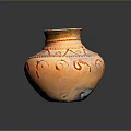 Handmade Traditional Pottery Sculpture With Carved Red Decorative Patterns And Orange Body