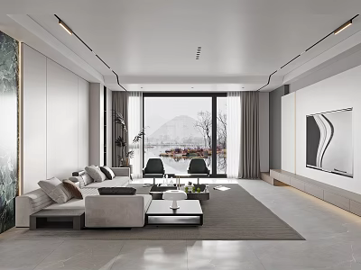 Modern Minimalist Living Room Interior With Large Windows Sofa Coffee Table Rug And Wall Art 3d model