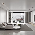 Modern Minimalist Living Room Interior With Large Windows Sofa Coffee Table Rug And Wall Art