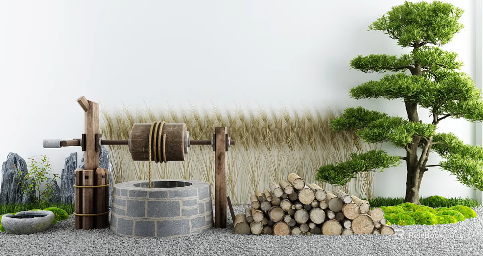 Traditional Courtyard Garden With Stone Mill Wooden Logs Dry Grass And Pine Tree 3d model 