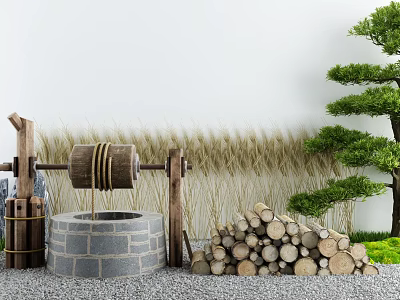 Traditional Courtyard Garden With Stone Mill Wooden Logs Dry Grass And Pine Tree 3d model