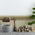 Traditional Courtyard Garden With Stone Mill Wooden Logs Dry Grass And Pine Tree