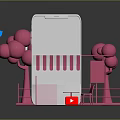 Smartphone Model With White Screen Pink Striped Awning Pink Balloon Trees And Red Play Button