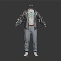 Trendy Jacket With Colorful Sleeves White T-shirt Green Graphic Light Jeans White Shoes And Sunglasses