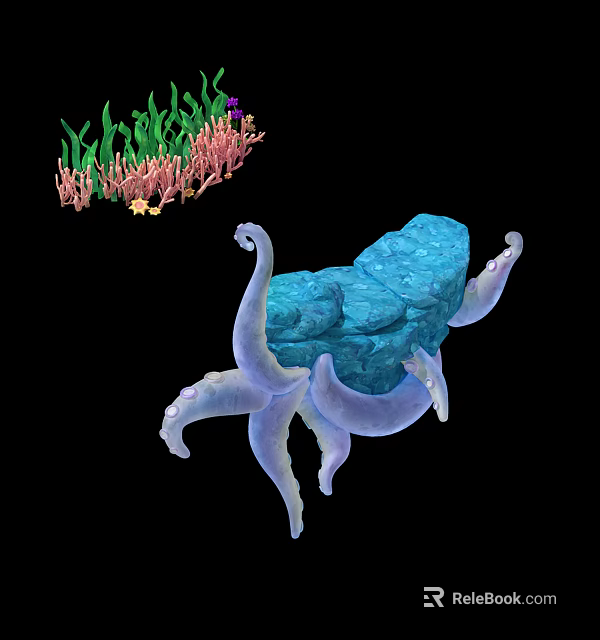 Underwater Scene With Swimming Octopus Blue Rock Coral And Seaweed 3d model 