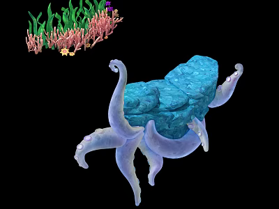 Underwater Scene With Swimming Octopus Blue Rock Coral And Seaweed 3d model