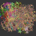 Complex 3D Intertwined Molecular Network Model with Light Beige and Pink on Dark Background