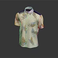 White Short Sleeved Shirt With Gold And Blue Leaf Pattern Design