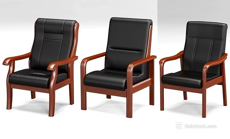 Classic Office Chair with Black Leather Seat and Wooden Arms Legs 3d model 