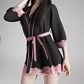 Woman Wearing Black Robe With Pink Lace Trim In Three Standing Poses