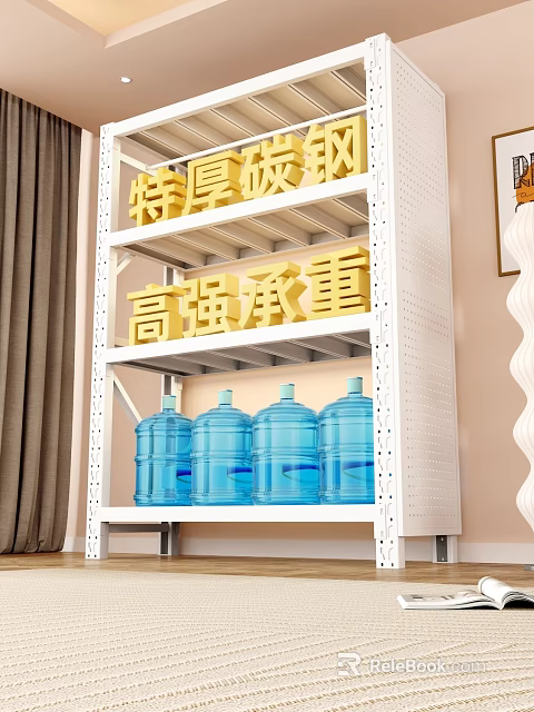 Extra Thick Carbon Steel Storage Rack with High Strength Load Bearing and Blue Water Bottles 3d model 